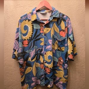 Vintage 90s Sergio Rayon Abstract Tropical Shirt Oversized Art Print Button Up L